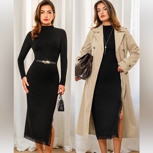 Black Long Sleeve Dress with Side Slit Detail Lace Hem